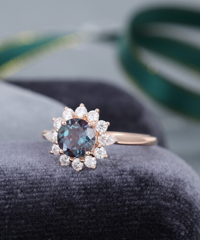 Alexandrite engagement ring Flower Halo Rose Gold Moissanite Etsy