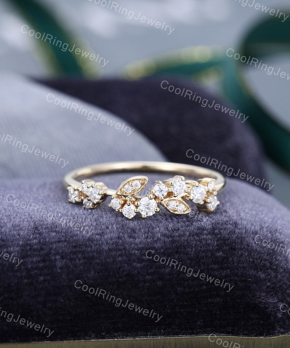 Floral Moissanite wedding band Solid Yellow gold band Unique Leaf ring Diamond Stacking matching ring Wedding Promise ring Anniversary ring