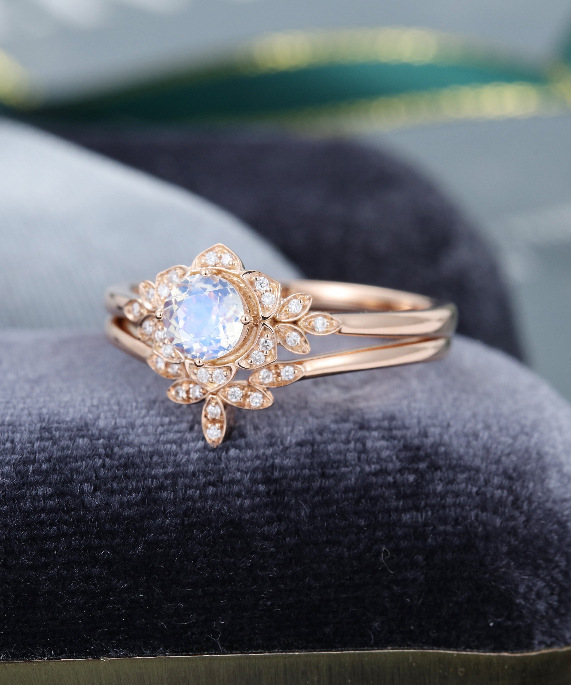 Moonstone Engagement Ring Set Vintage Rose Gold Unique Cluster | Etsy