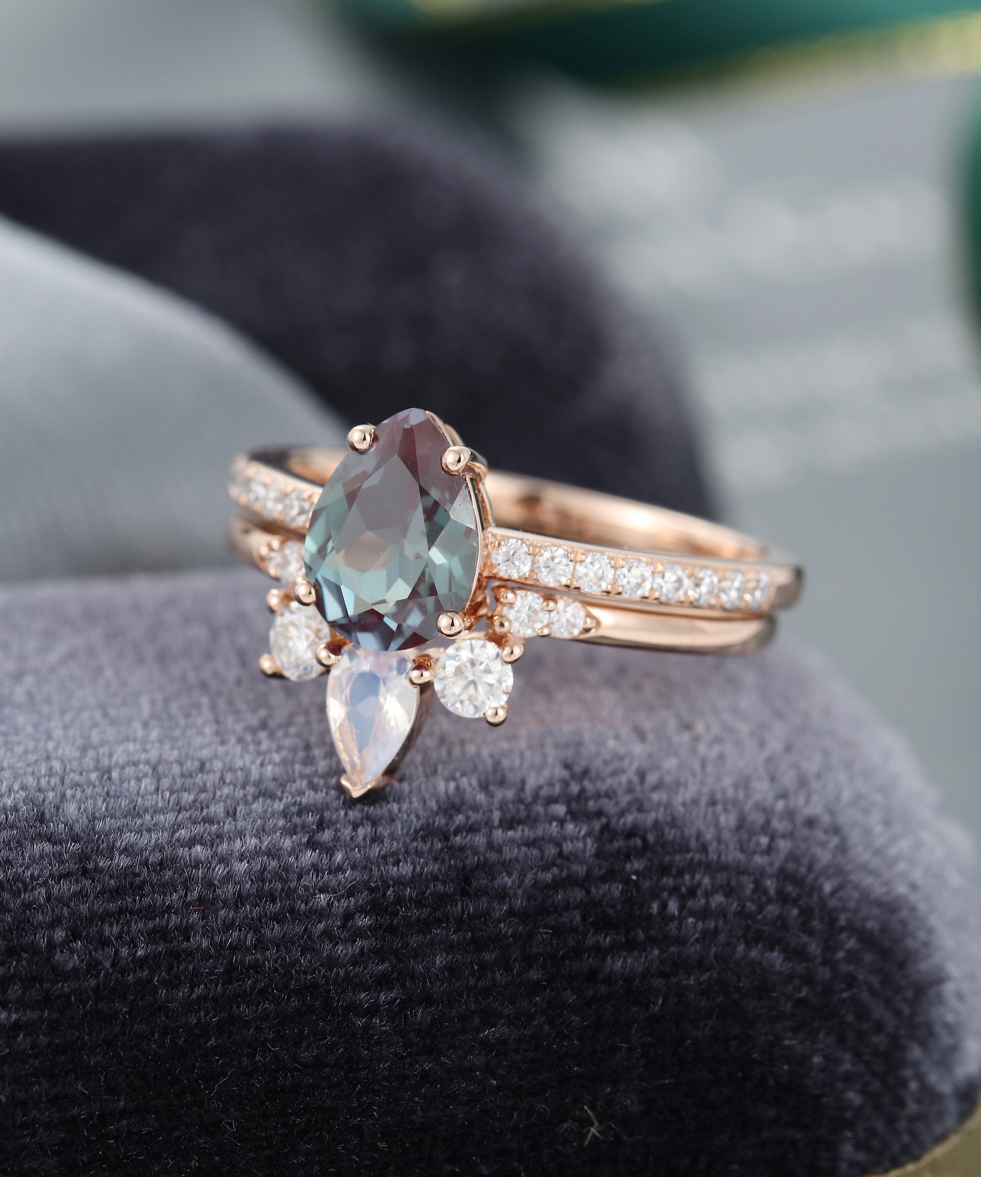 Pear Shaped Alexandrite Engagement Ring Set Rose Gold | Etsy