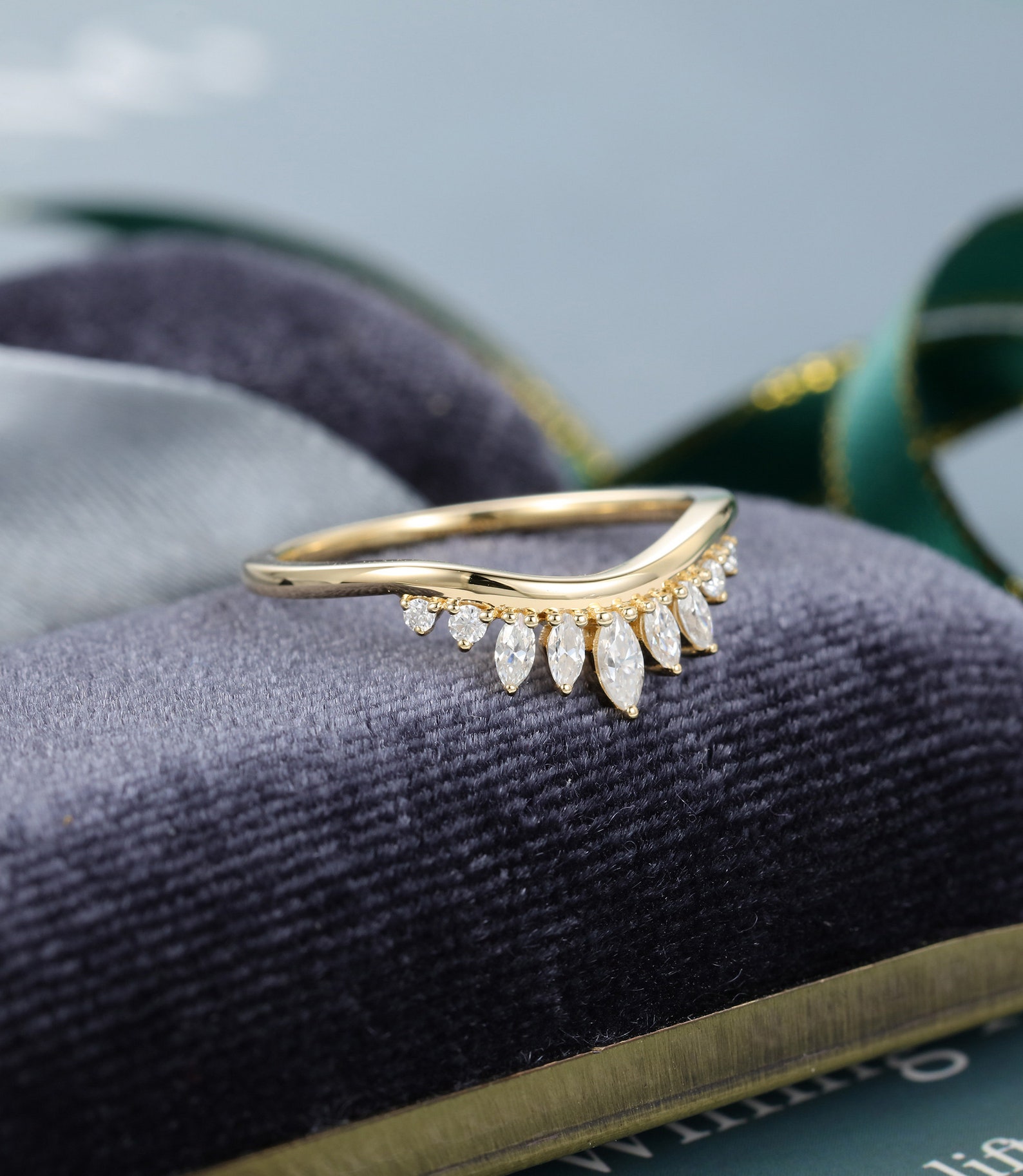 Marquise Cut Curved Wedding Band Women Solid 14K Yellow Gold Unique ...