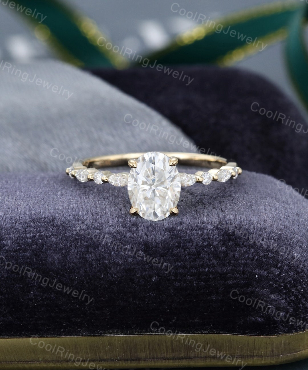 Oval Moissanite Engagement Ring Vintage Yellow Gold Half Eternity Solid ...