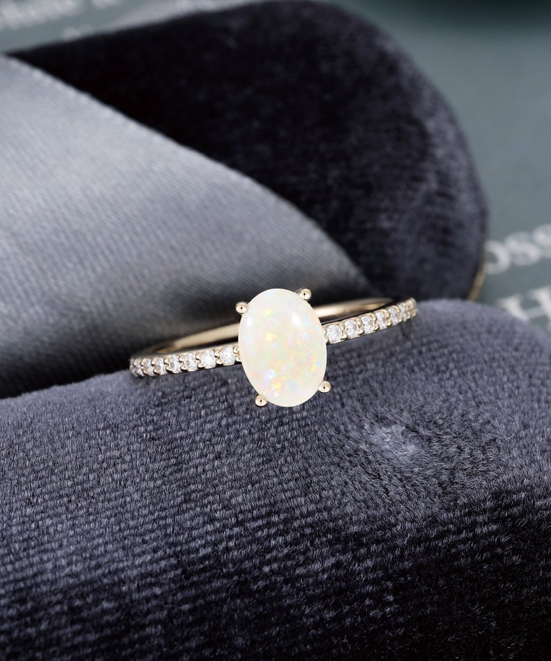 Oval cut Opal engagement ring yellow Gold Minimalist ring engagement ring vintage Half eternity diamond ring Bridal ring Anniversary ring image 5