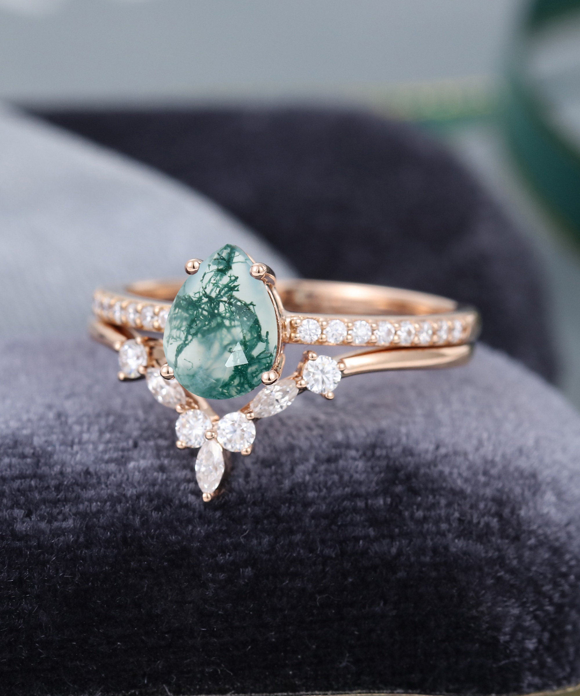 Pear Shaped Rose Gold Moss Agate Engagement Ring Vintage - Etsy