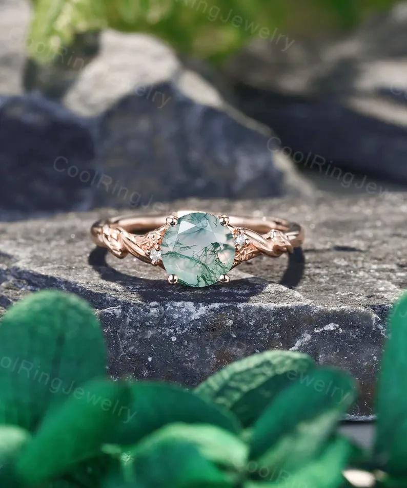 Natural Moss Agate engagement ring Solid Rose Gold Branch Leaf Ring Natural diamond Ring Nature inspired Twig ring Anniversary Promise ring