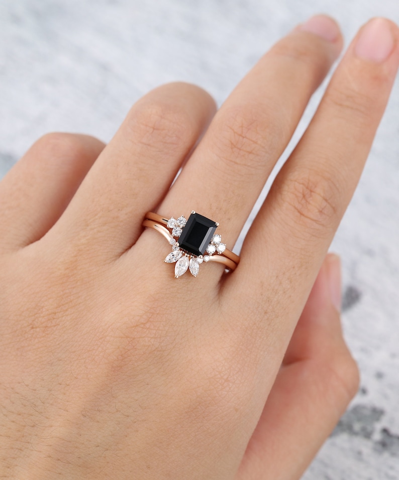 Black Onyx engagement ring women Unique emerald cut diamond Etsy
