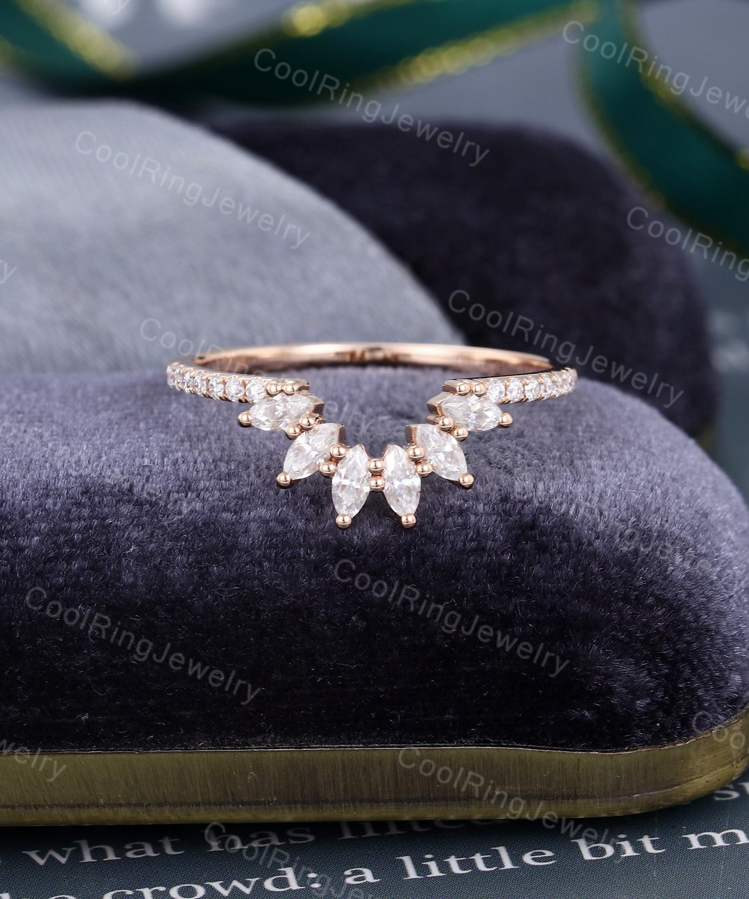 Rose Gold Curved Wedding Band Marquise Cut Moissanite Wedding Band ...