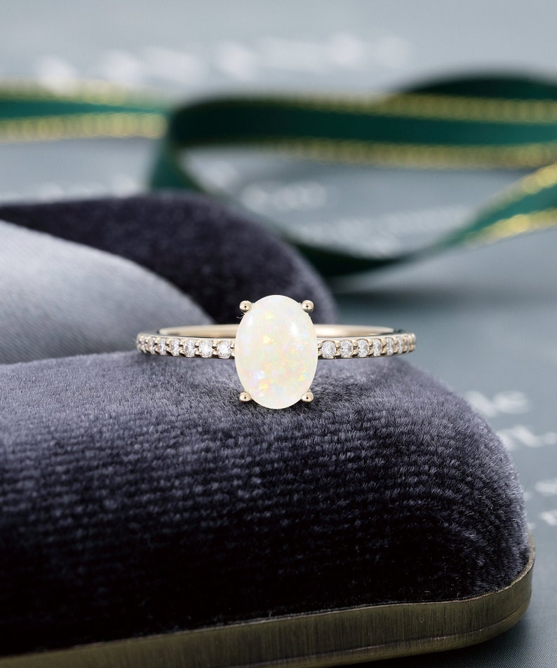 Oval cut Opal engagement ring yellow Gold Minimalist ring engagement ring vintage Half eternity diamond ring Bridal ring Anniversary ring image 1