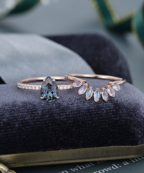 April Birthstone Turquoise 14k Rose Gold Ring Chevron Bridal Set 2pcs Vintage Inspired Ring Engagement Ring American Diamond Ring
