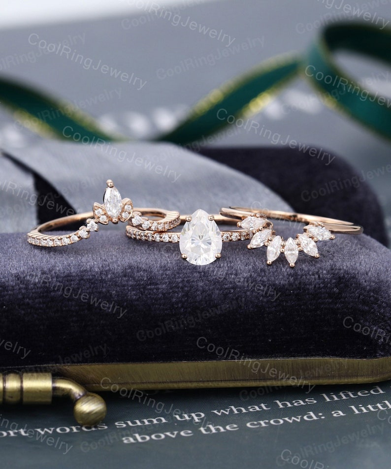 Pear shaped Moissanite engagement ring set Rose Gold Marquise cut vintage ring art deco Bridal set Promise ring Anniversary gift for women 3PCS ring set