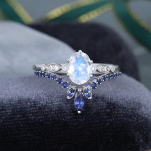 Moonstone Engagement Ring Set White Gold Oval Cut Unique Curved ...
