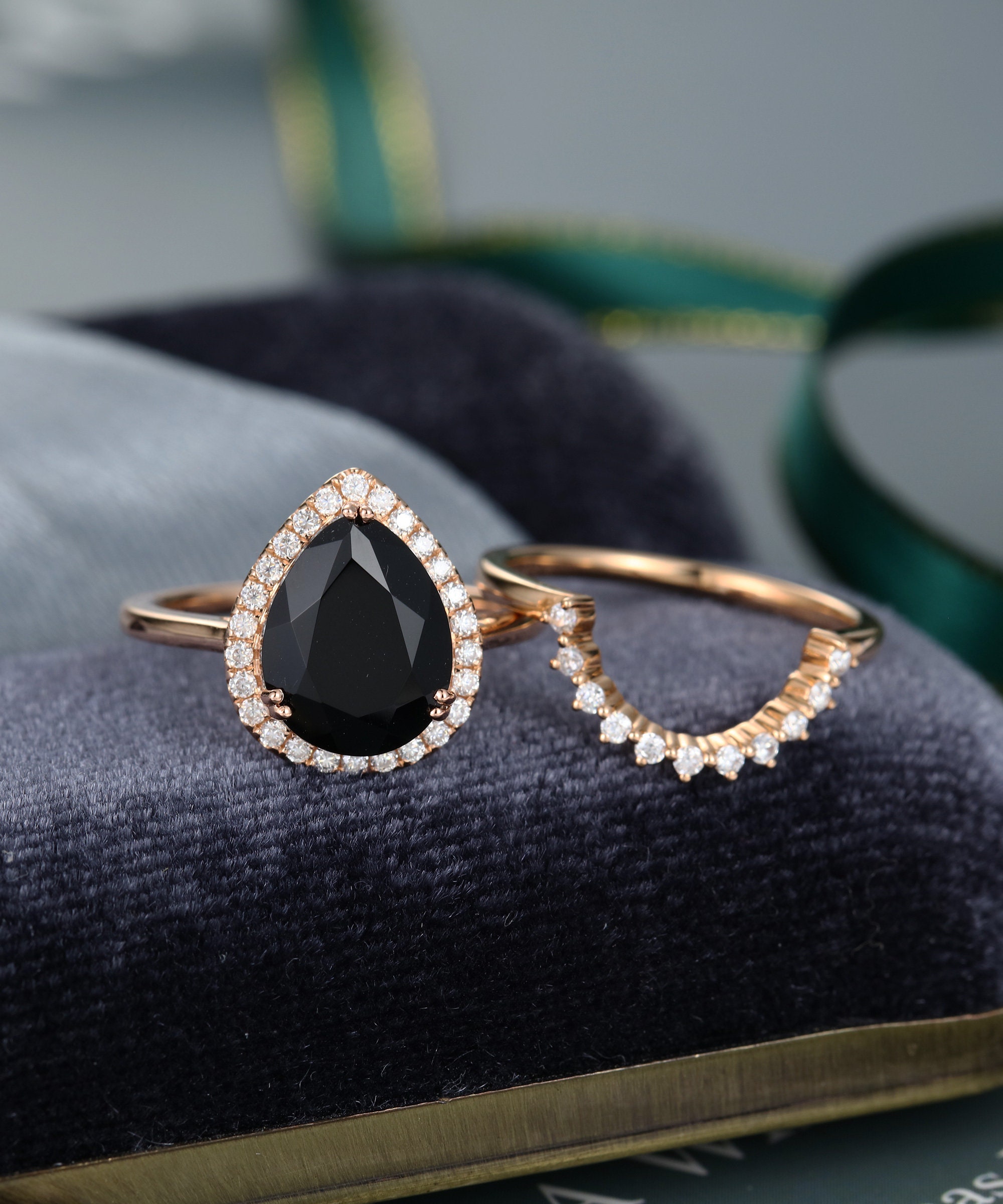 Black Onyx Engagement Ring Set Vintage Halo Engagement Ring Etsy