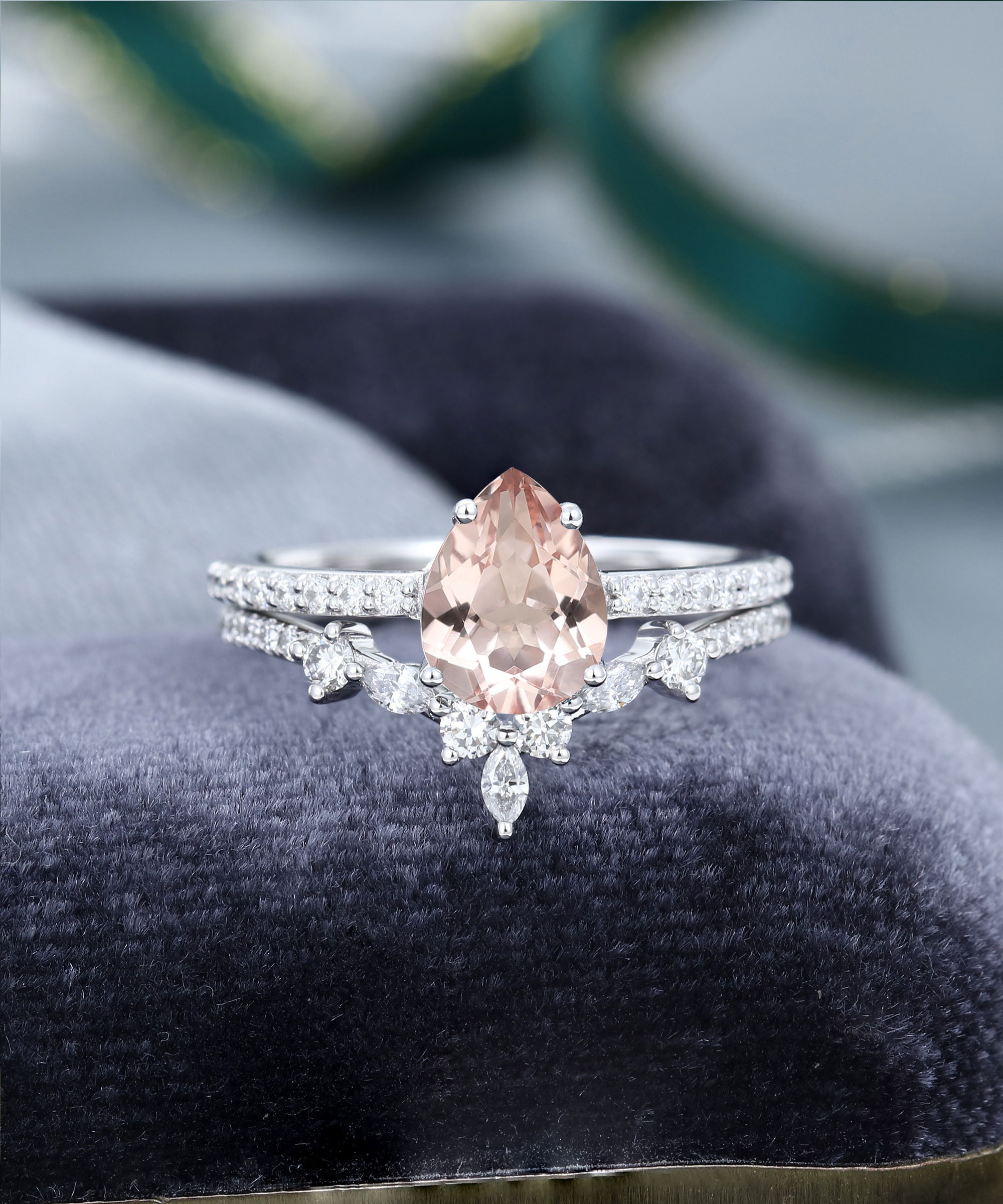 2PCS Pear Shaped Morganite Engagement Ring Set White Gold Half | Etsy