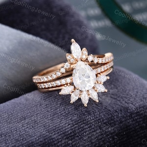 Pear shaped Moissanite engagement ring set Rose Gold Marquise cut vintage ring art deco Bridal set Promise ring Anniversary gift for women image 3