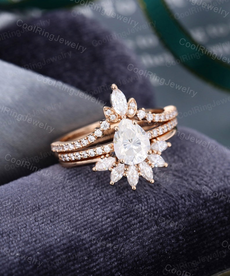 Pear shaped Moissanite engagement ring set Rose Gold Marquise cut vintage ring art deco Bridal set Promise ring Anniversary gift for women image 3