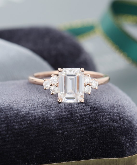 Emerald Cut Moissanite Engagement Ring Unique Diamond Cluster - Etsy