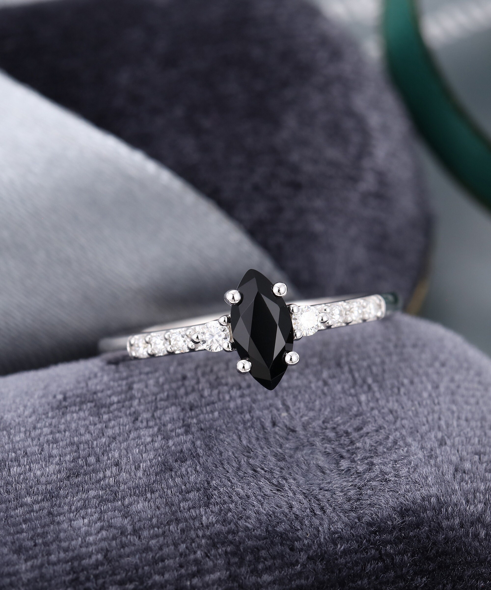Marquise Cut Black Onyx Engagement Ring Vintage White Gold Engagement Marquise Cut Black Onyx Engagement Ring Vintage White Gold Engagement