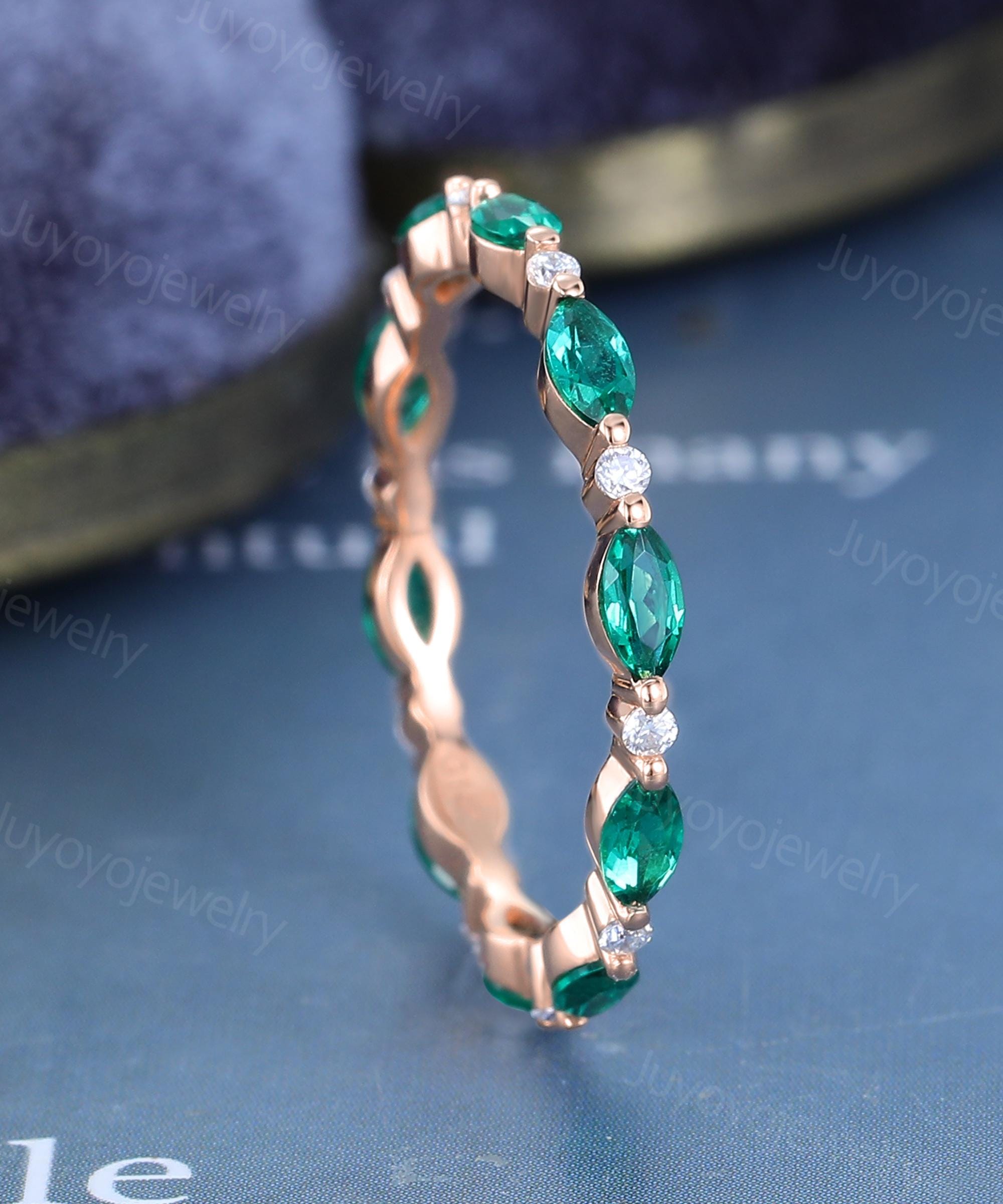 Emerald Wedding Band Solid Gold Vintage Marquise Cut Ring Full Eternity ...