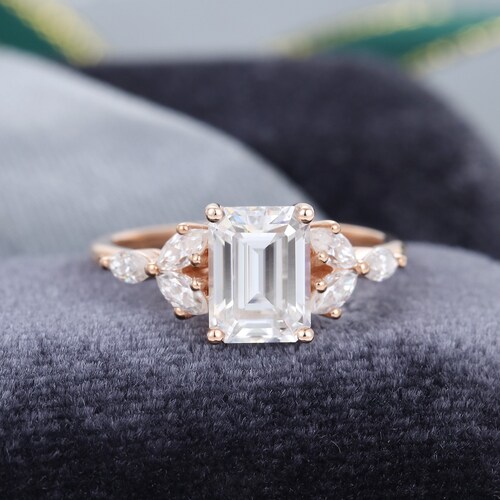 Moissanite Engagement Rings Emerald Cut Rose Gold Ring Half | Etsy