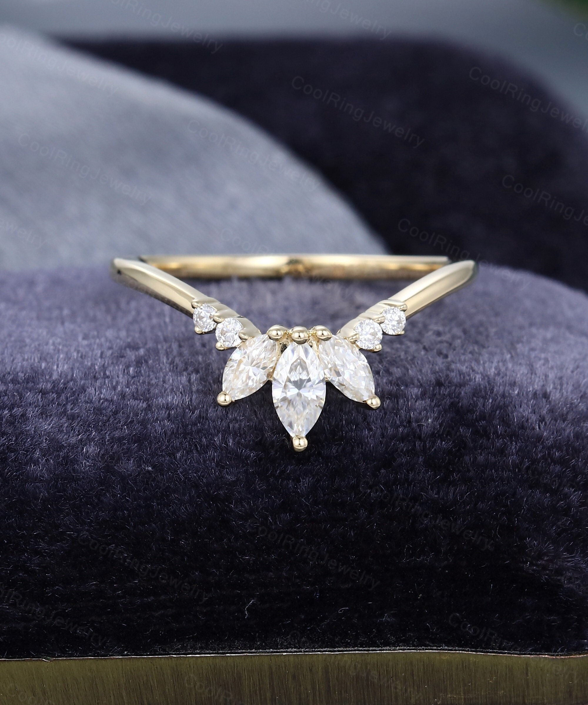 Curved Wedding Band Women Marquise Cut Moissanite Ring Solid Yellow ...