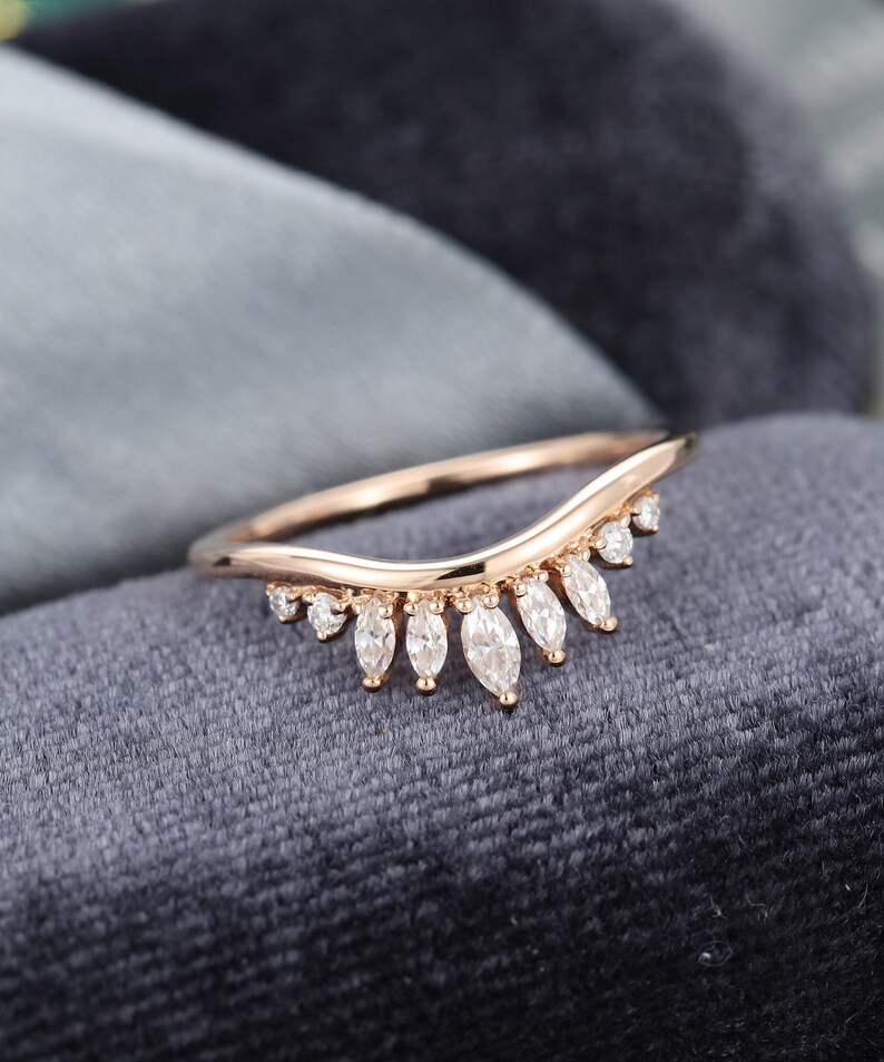 Marquise Cut Moissanite Curved Wedding Band Rose Gold Women Solid 14K ...