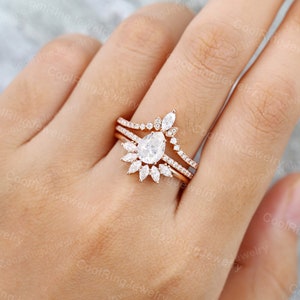 Pear shaped Moissanite engagement ring set Rose Gold Marquise cut vintage ring art deco Bridal set Promise ring Anniversary gift for women image 4