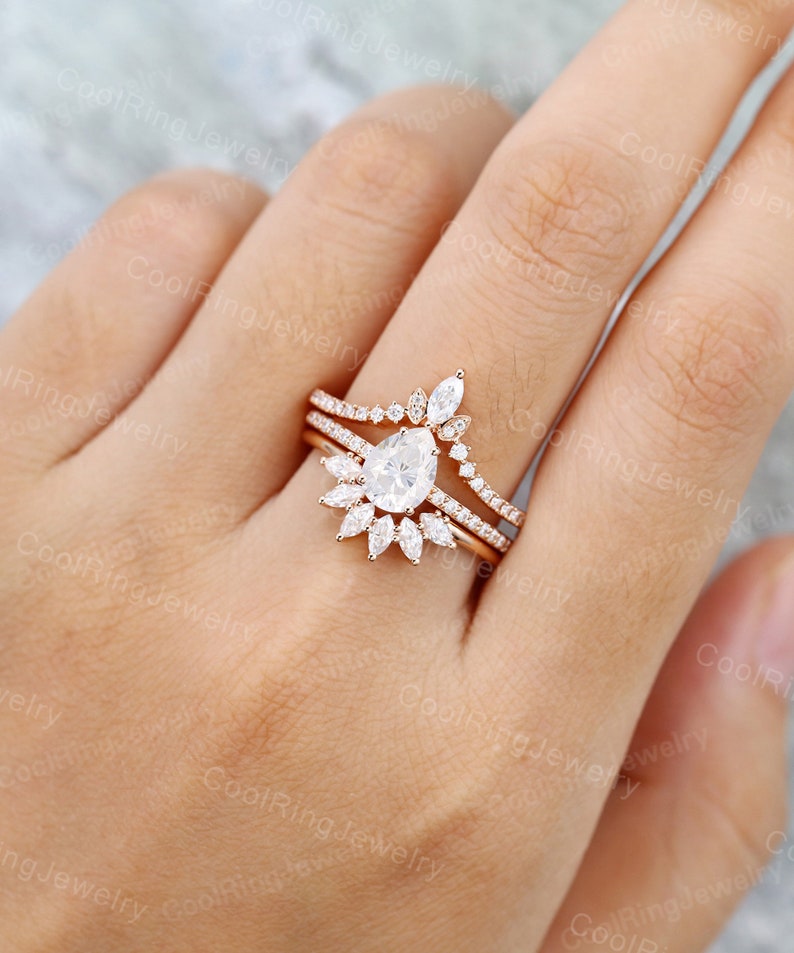 Pear shaped Moissanite engagement ring set Rose Gold Marquise cut vintage ring art deco Bridal set Promise ring Anniversary gift for women image 4