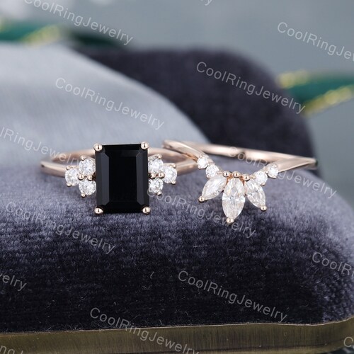 Emerald Cut Black Onyx Engagement Ring Set Diamond Cluster - Etsy