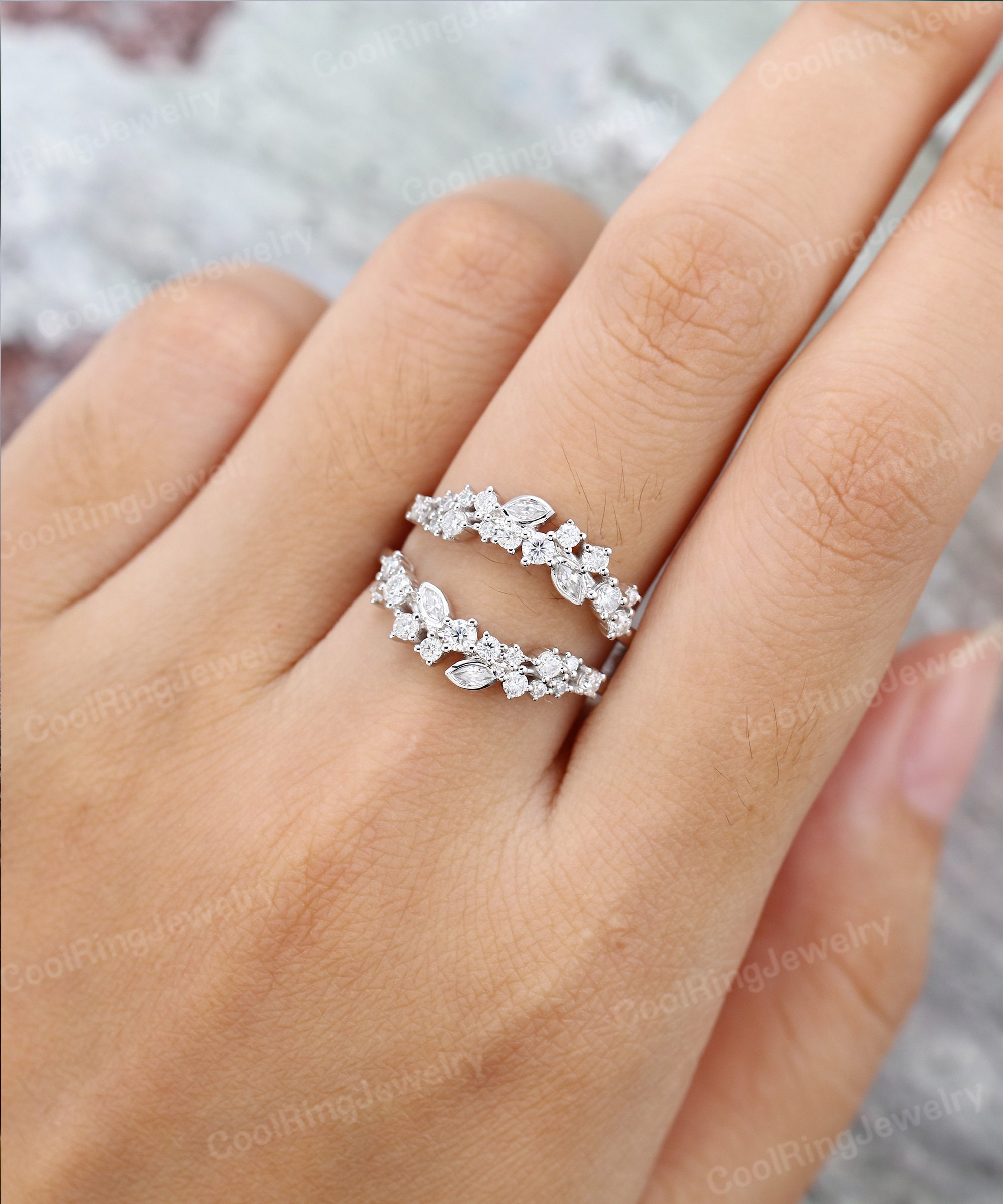Moissanite Double Weeding Band Women Solid 14k White Gold Band Vintage ...