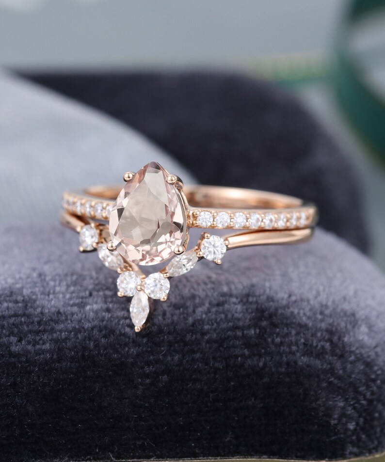 2PCS Pear shaped Morganite engagement ring set Rose Gold | Etsy
