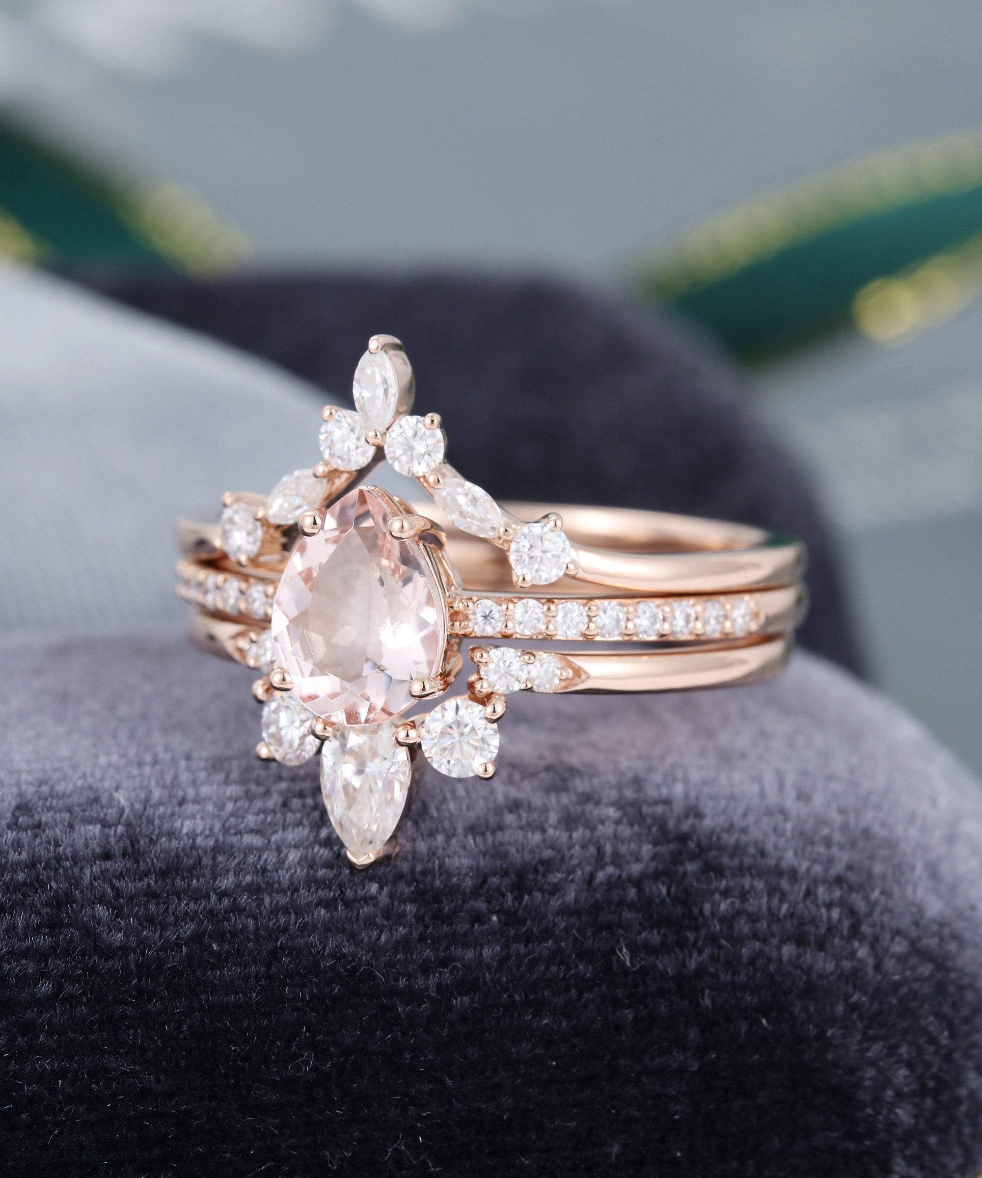 3PCS Pear Shaped Morganite Engagement Ring Set Rose Gold Vintage Ring ...
