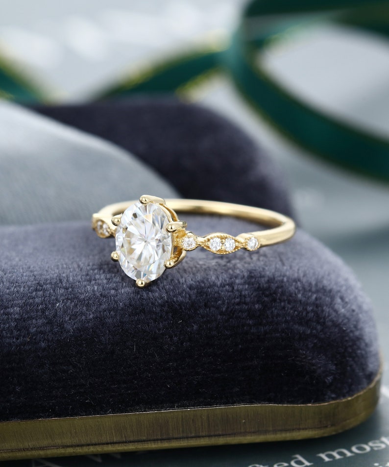 Oval Cut Moissanite Engagement Ring Vintage Unique Yellow Gold ...