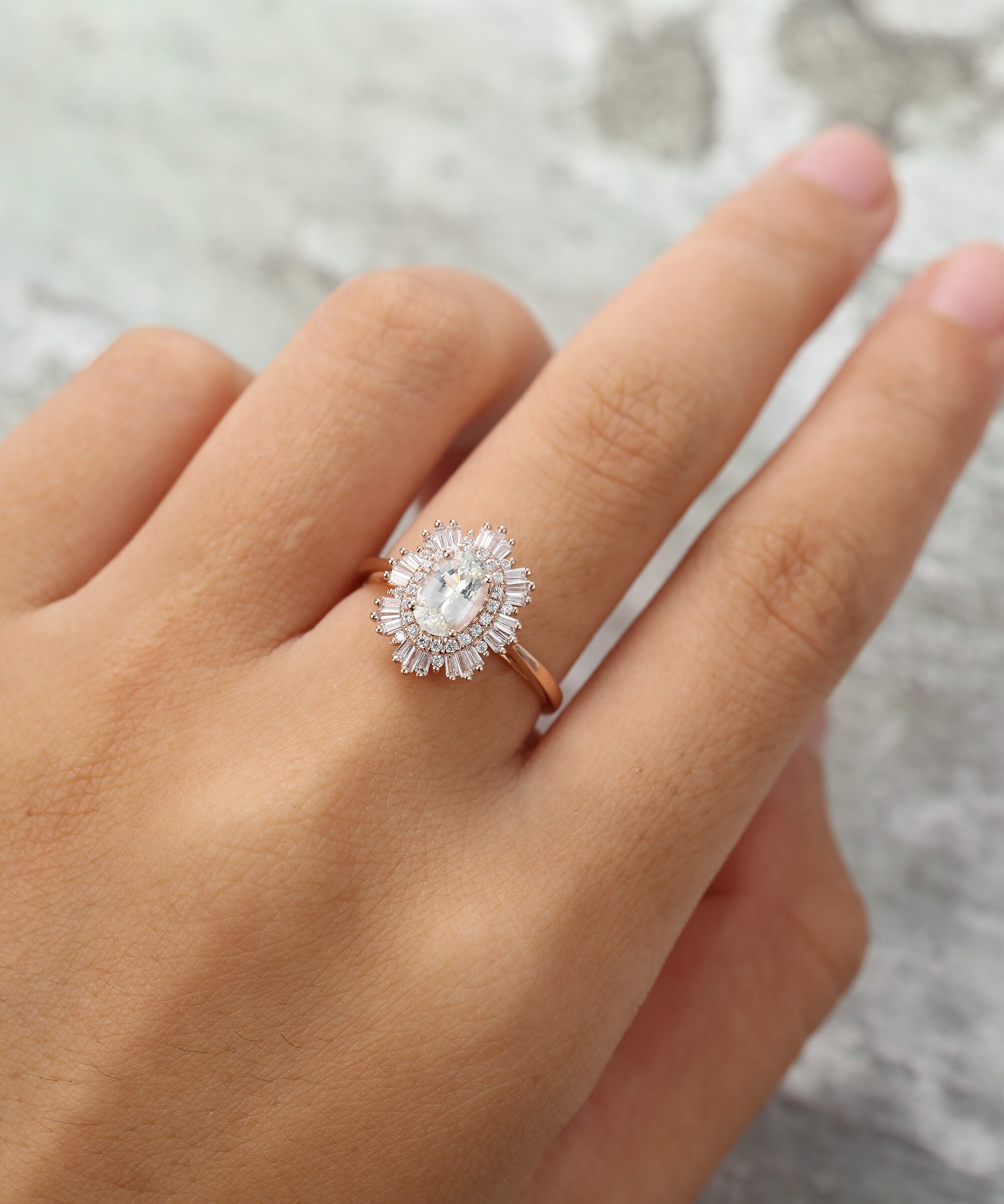 White Sapphire engagement ring rose gold Halo Diamond /CZ Etsy