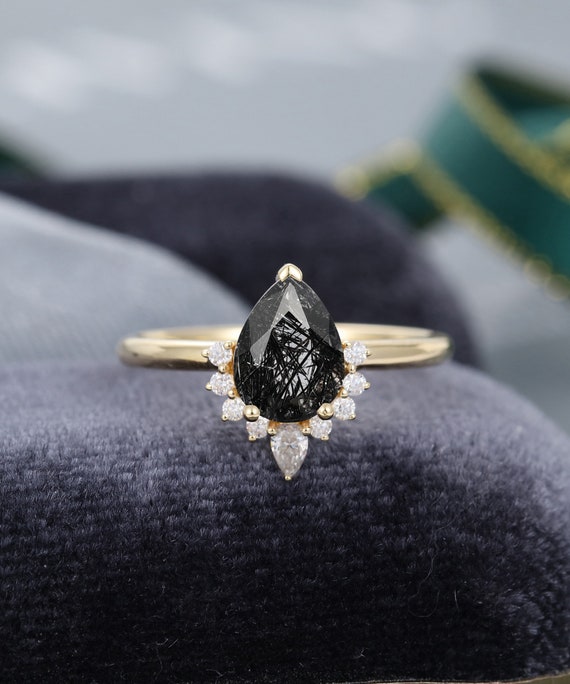 Pear shaped Black Quartz Rutilated engagement ring vintage | Etsy