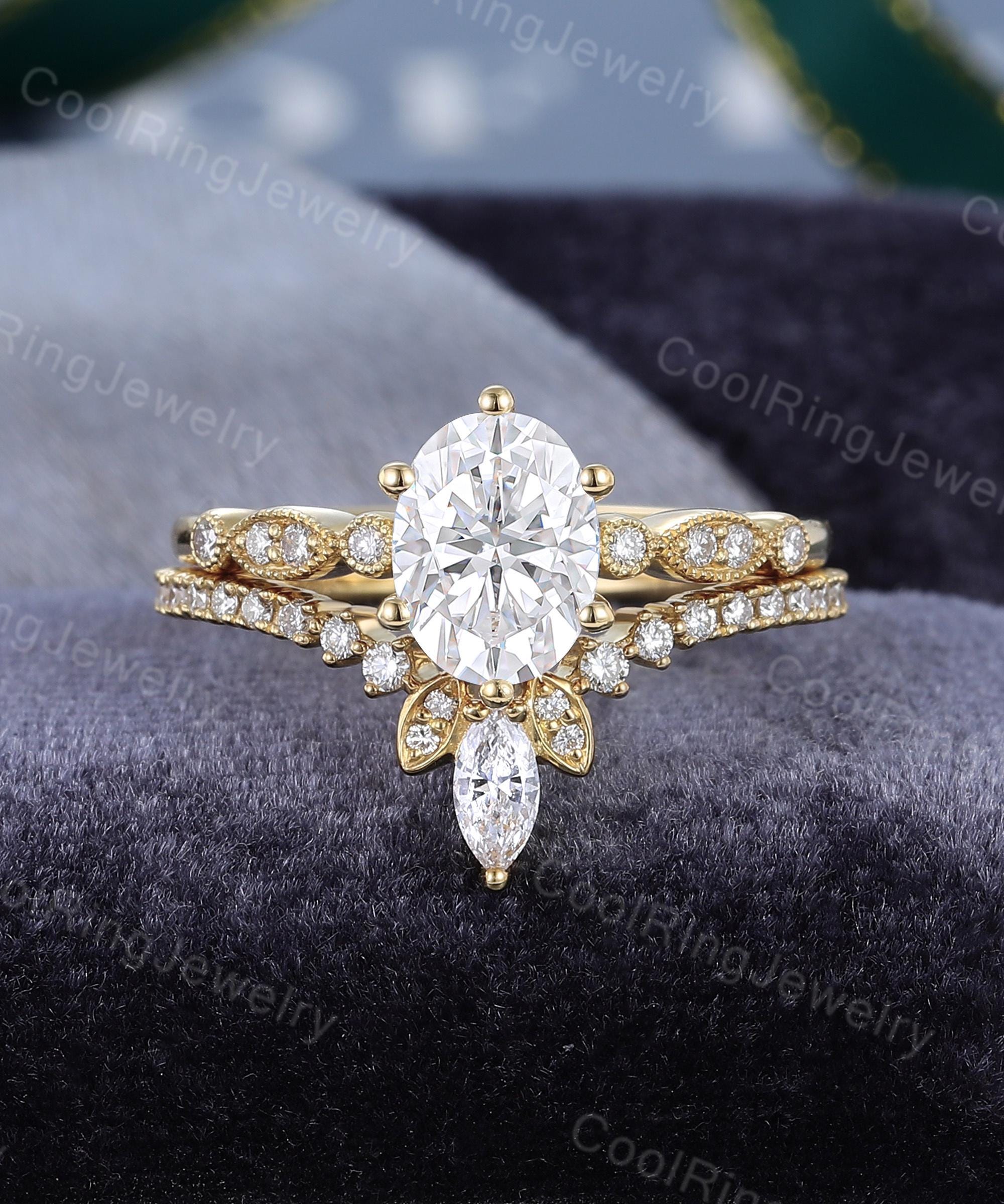 Oval Moissanite Engagement Ring Set Yellow Gold Unique Engagement Ring ...