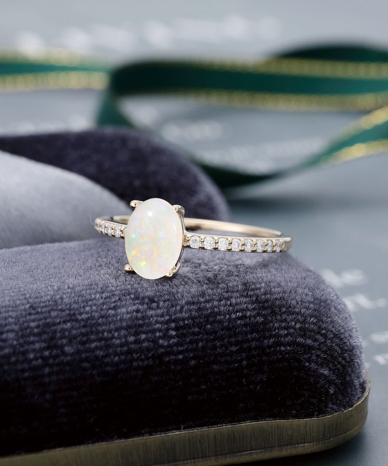 Oval cut Opal engagement ring yellow Gold Minimalist ring engagement ring vintage Half eternity diamond ring Bridal ring Anniversary ring image 2