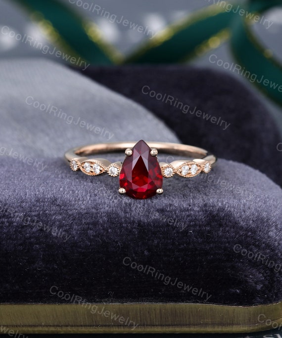 Pear Shaped Ruby Engagement Ring Vintage Unique Rose Gold Diamond