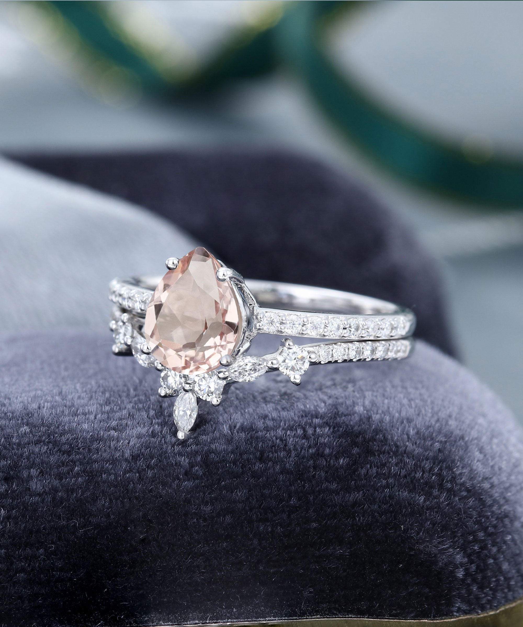 2PCS Pear Shaped Morganite Engagement Ring Set White Gold Half | Etsy
