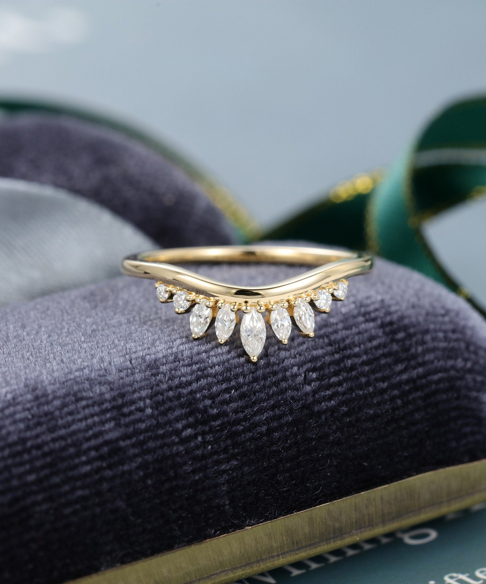 Marquise Cut Curved Wedding Band Women Solid 14K Yellow Gold - Etsy