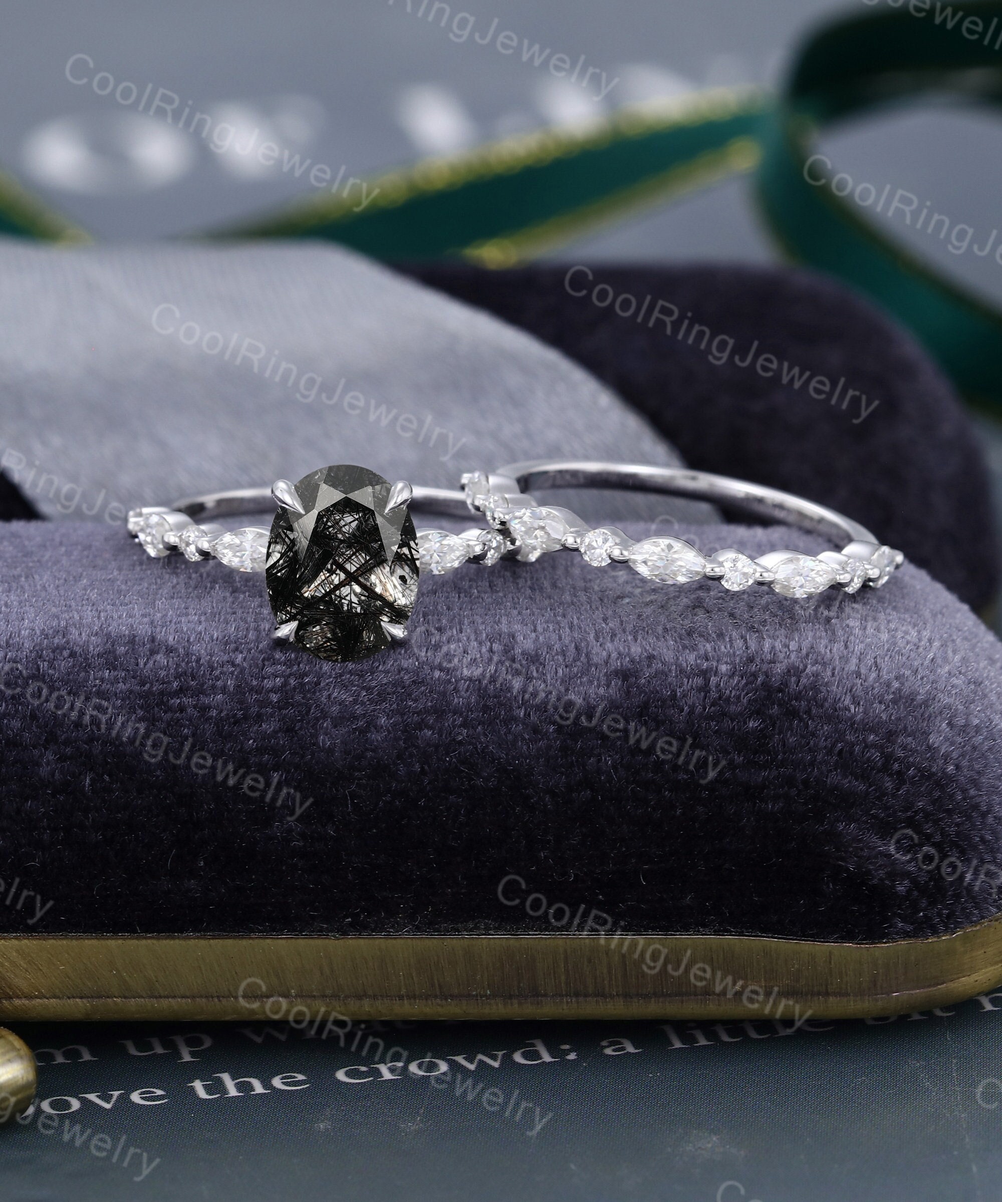 Oval Black Rutilated Quartz engagement ring set White gold engagement ring Half eternity Marquise cut moissanite ring Wedding Promise ringthumbnail