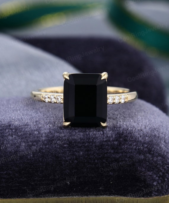 Yellow Gold Black Onyx Emerald Cut Gemstone Men's Ring