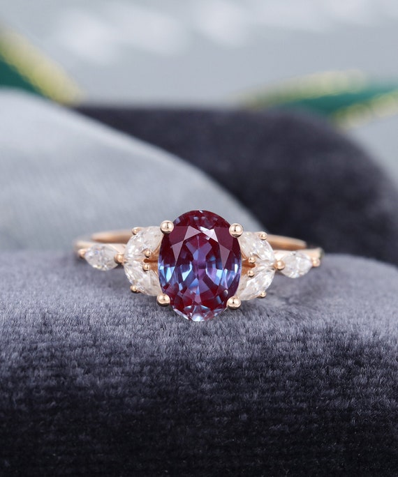 Oval Cut Alexandrite Engagement Ring Rose Gold Unique Diamond | Etsy