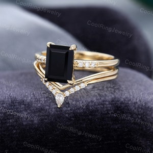 Emerald cut Black Onyx engagement ring set vintage Moissanite Diamond rose gold ring Curved stacking matching band Bridal gift for women image 5