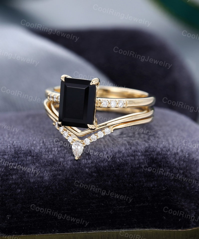 Emerald cut Black Onyx engagement ring set vintage Moissanite Diamond rose gold ring Curved stacking matching band Bridal gift for women image 5