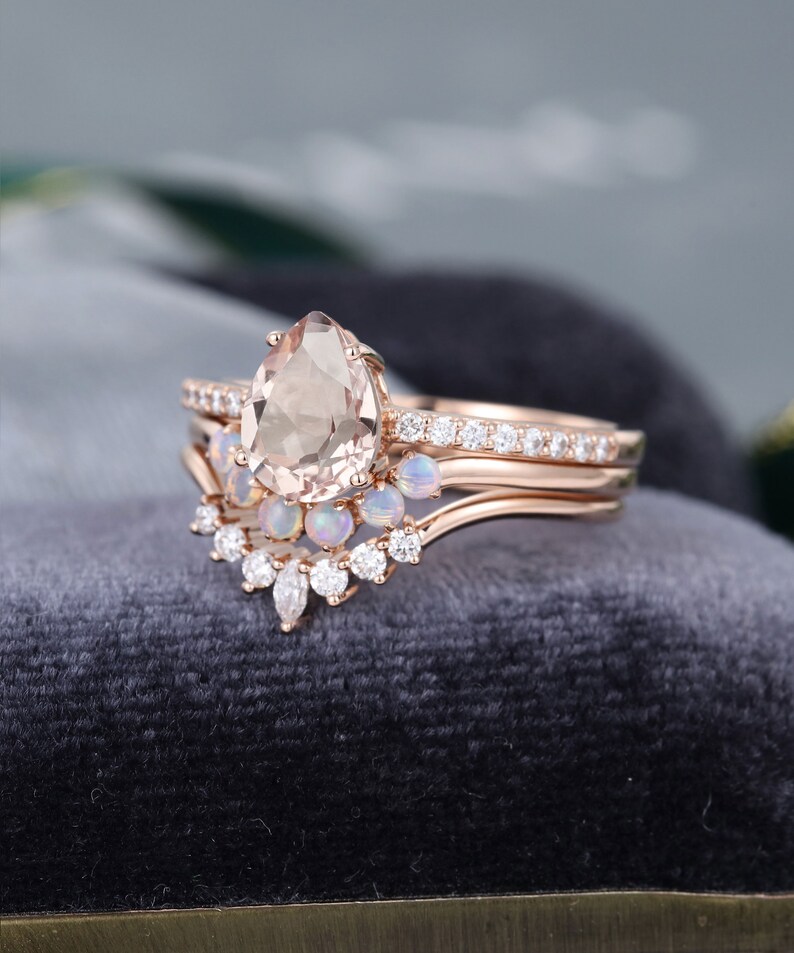Pear Shaped Rose Gold Morganite Engagement Ring Set Vintage | Etsy