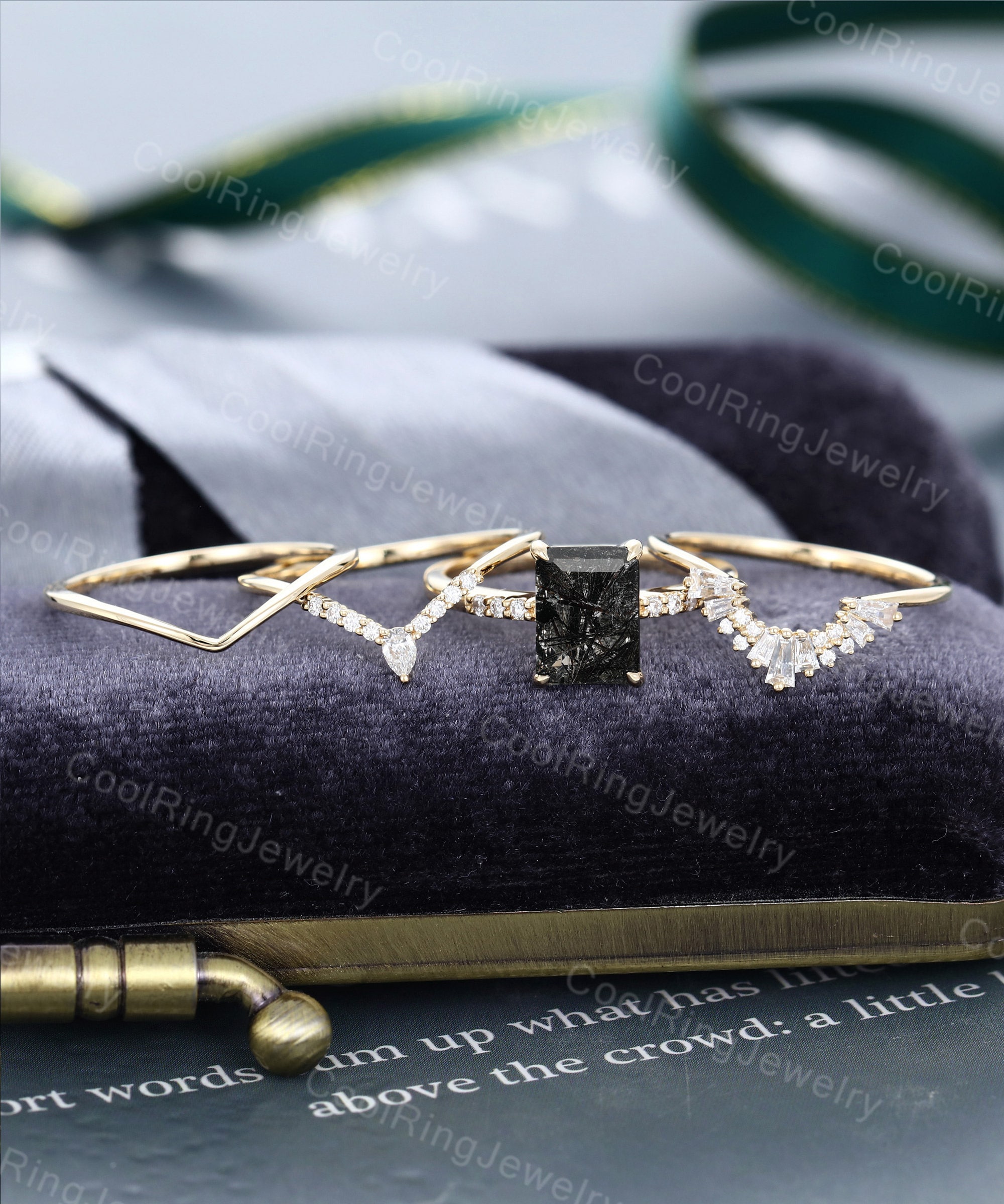 Emerald cut Black Rutilated Quartz engagement ring set Moissanite Cluster yellow gold ring Curved stacking matching band Wedding Bridal gift