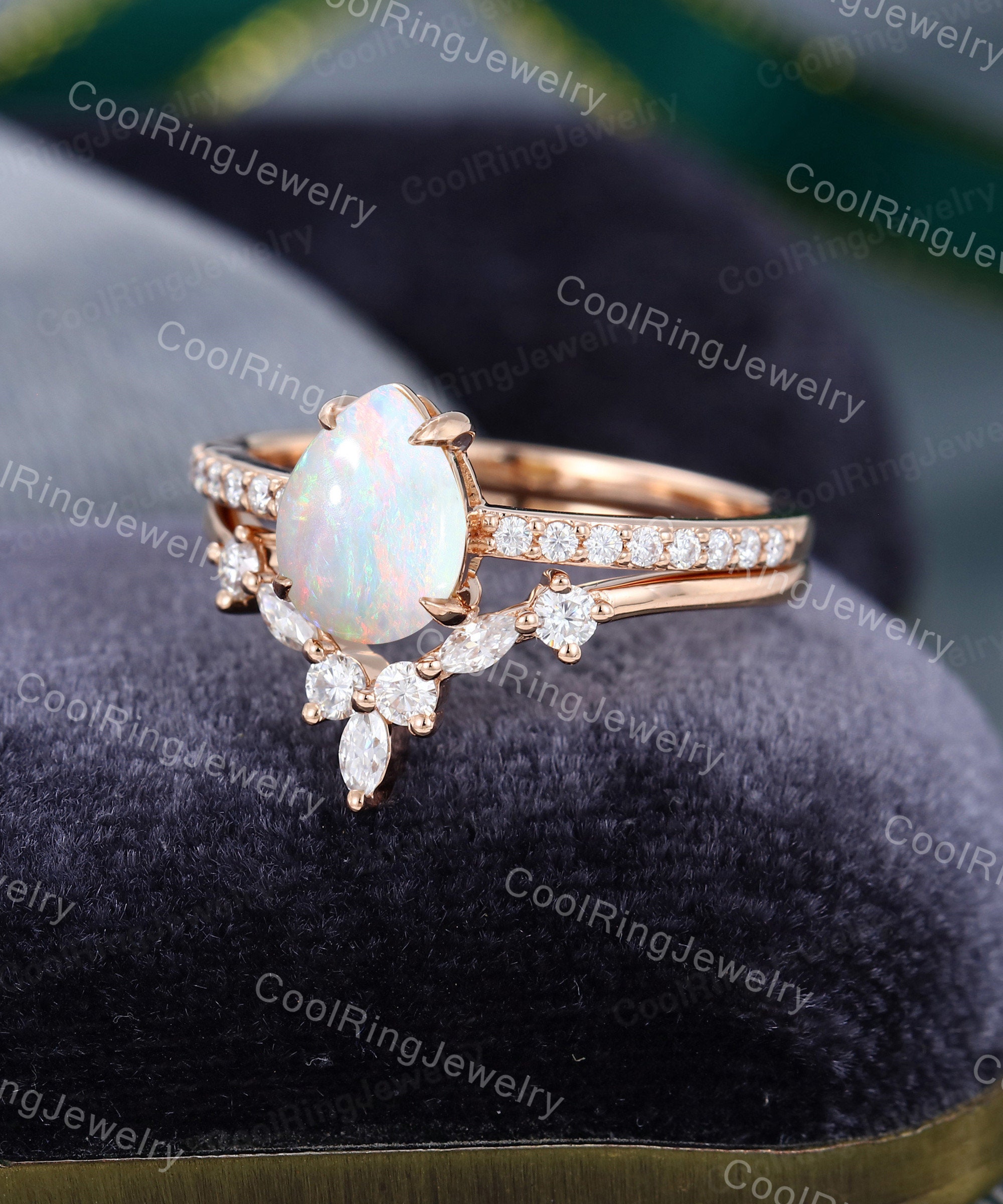 Pear Shaped Opal Engagement Ring Set Rose Gold Vintage | Etsy