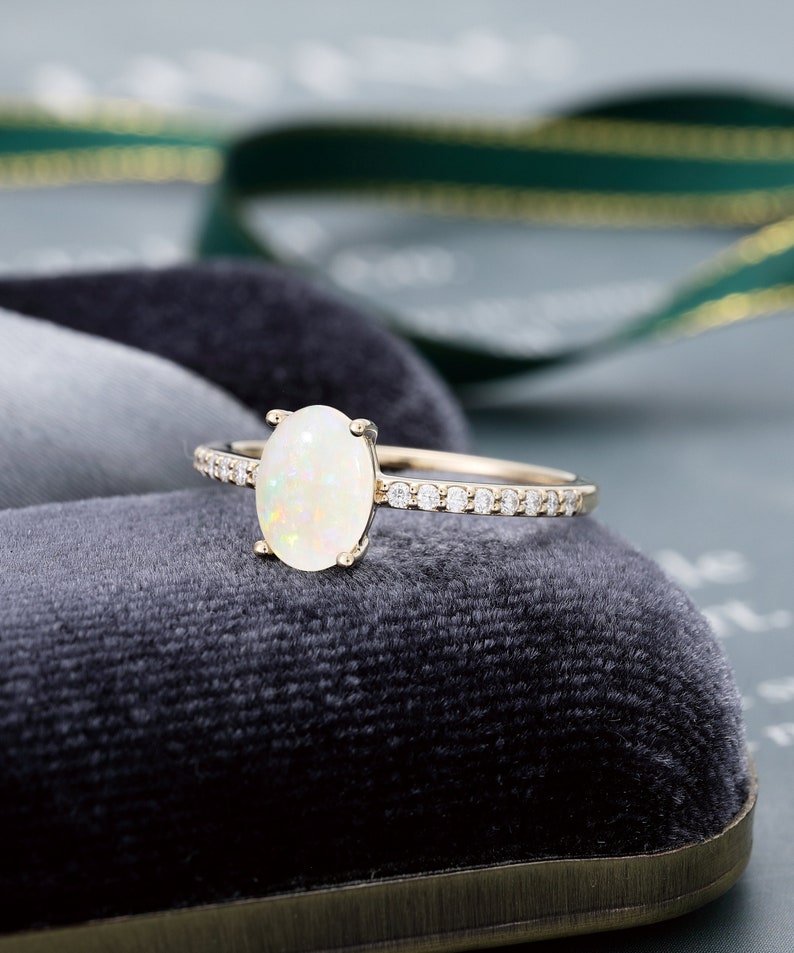 Oval cut Opal engagement ring yellow Gold Minimalist ring engagement ring vintage Half eternity diamond ring Bridal ring Anniversary ring image 6