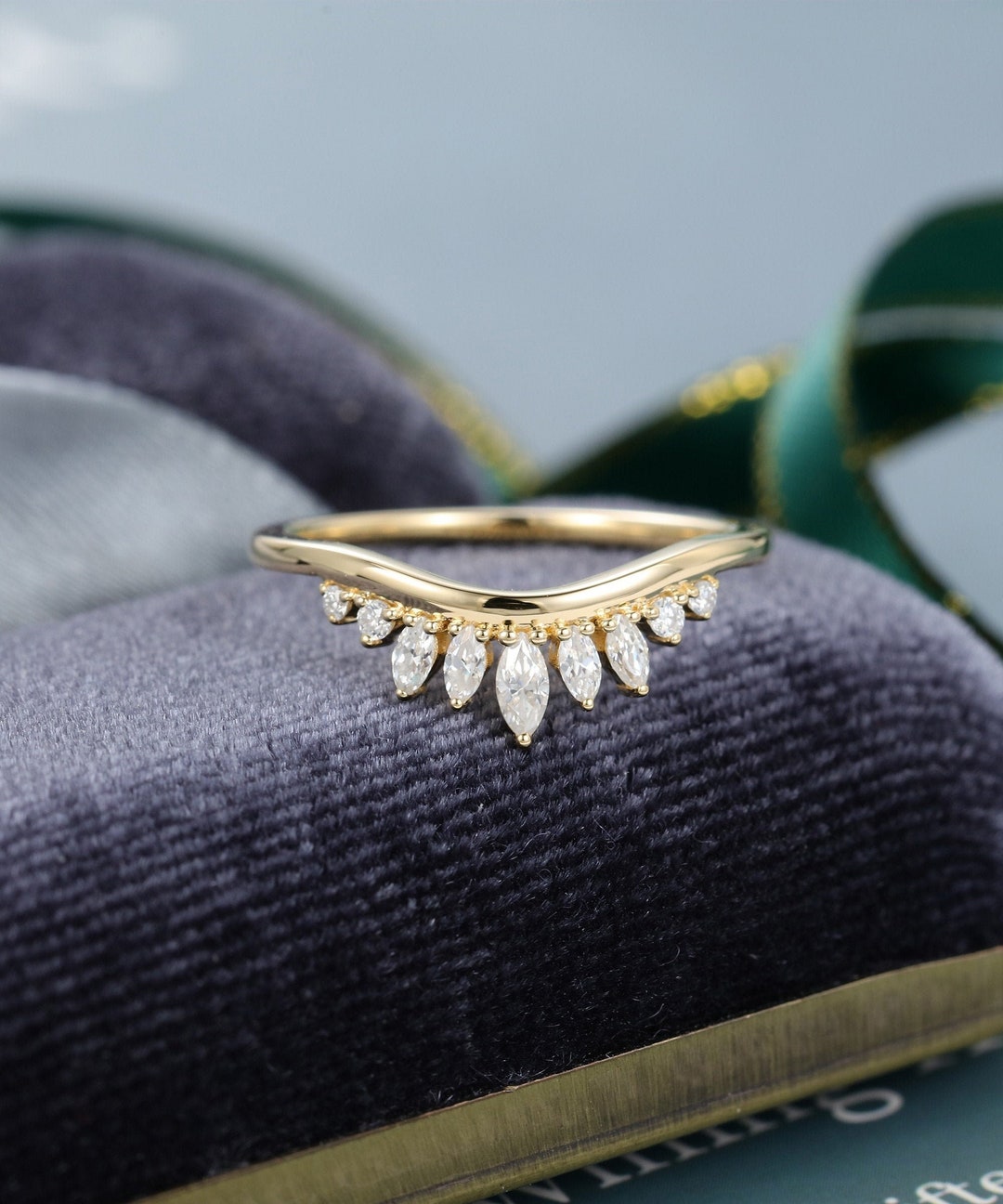 Marquise Cut Curved Wedding Band Women Solid 14K Yellow Gold Unique ...