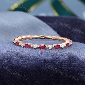Marquise cut Lab Ruby wedding band Rose gold stacking matching ring Unique Full eternity moissanite Ring Bridal Promise Anniversary gift